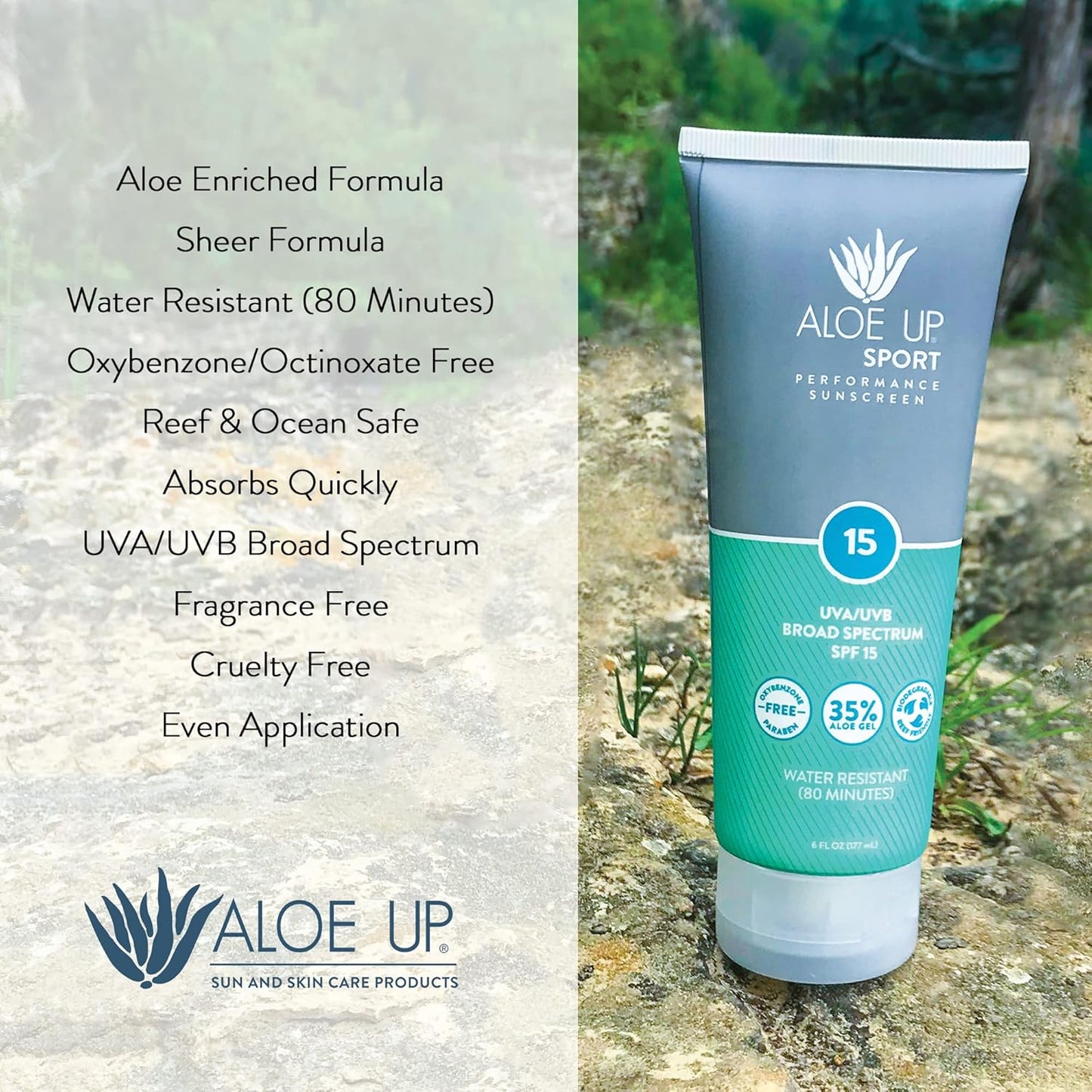 Aloe Up Sport Sunscreen Body Lotion SPF 15 | Hydrating Aloe Vera Gel, Non-Greasy, Reef Friendly - 6 Oz