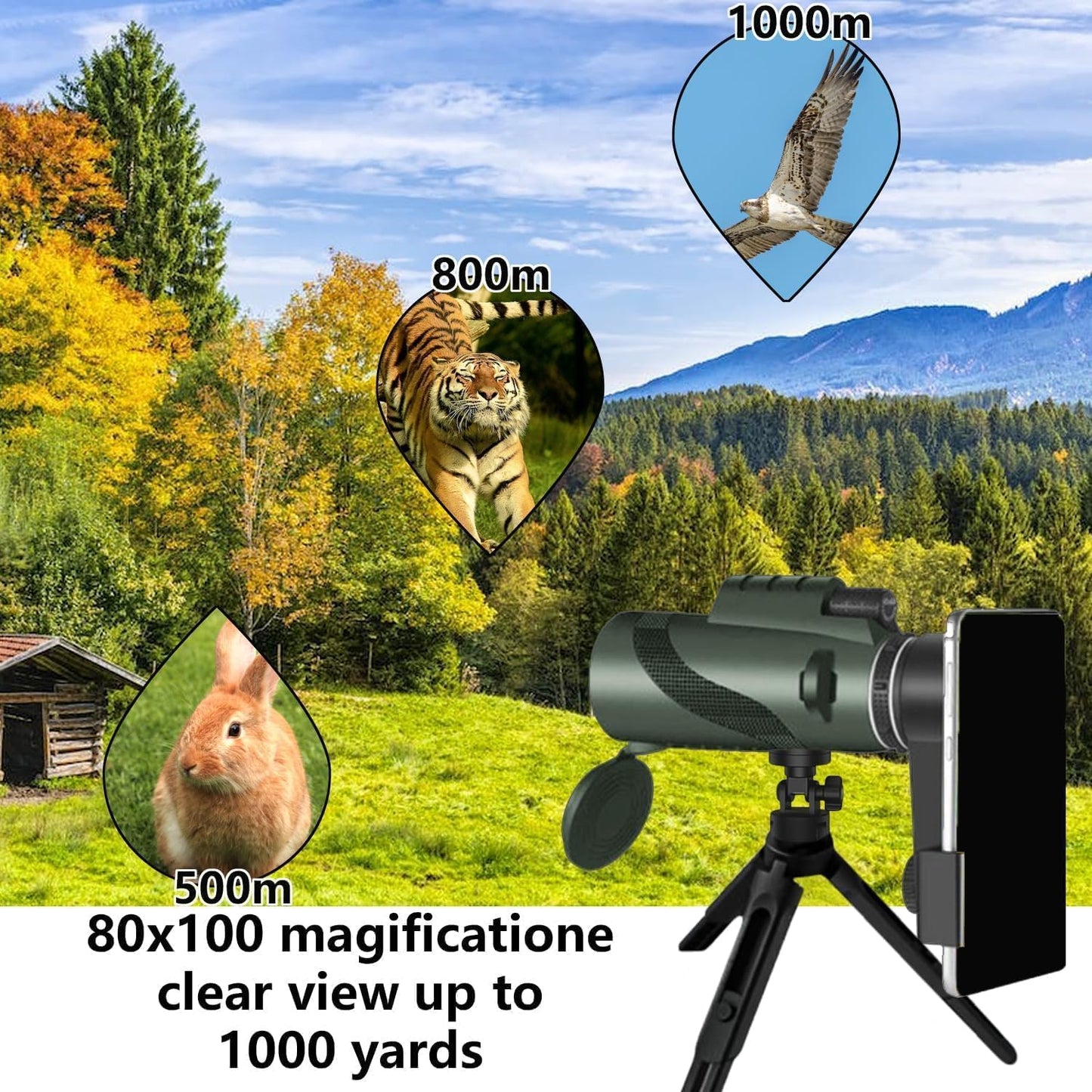 Monocular-Telescope 80x100 High Powered Monoculars High Definition for Adults High Powered with Smartphone Adapter Telescope Hunting Wildlife Bird Watching Travel Camping Hiking-Green