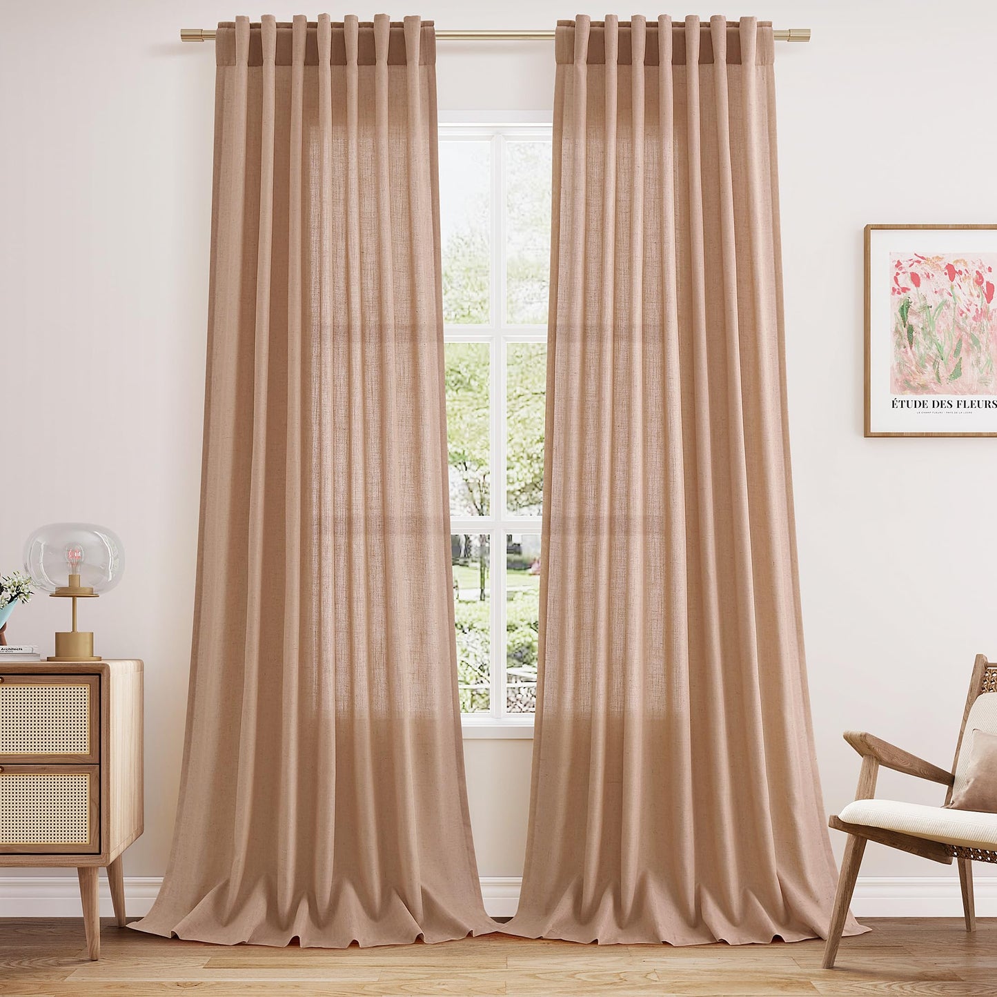 Nanspring Natural Linen Curtains for Kitchen Windows Over Sink - Cafe Curtain Semi Sheer with Rod Pocket and Back Tab Lightweight Rustic Textured Bistro Curtains for Bathroom, 2 Panels 25 x 24 Inch
