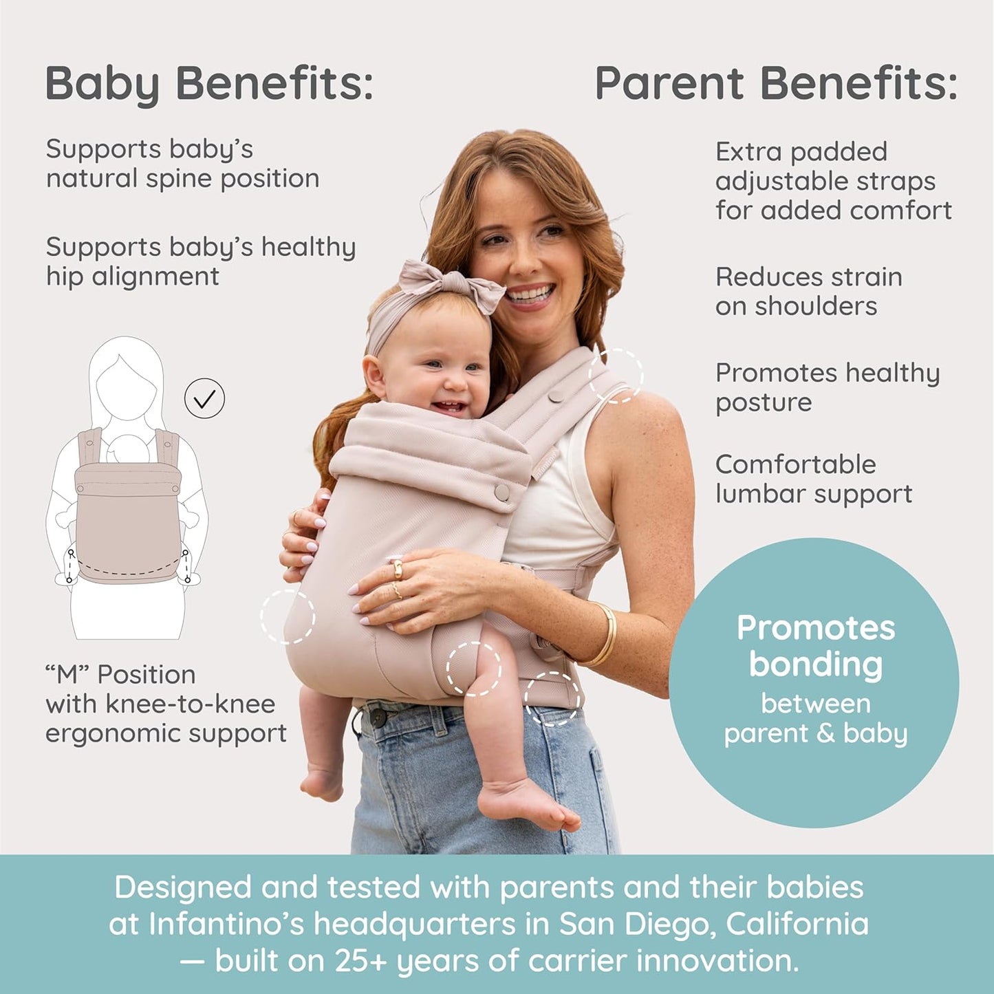 Infantino Honey Blossom Baby Carrier - Ergonomic Infant to Toddler Support, Adjustable Seat, 7-40 lbs | Toasted Almond