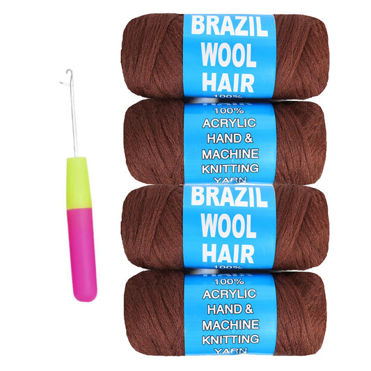 4 Roll Natural Brazilian Wool Hair Yarn Hair for Jumbo Braids Braiding Hair for Soft Locs Faux Locs Goddess Locs Hair Extension Senegalese Twist Crochet Hair for Black Women(Brown)