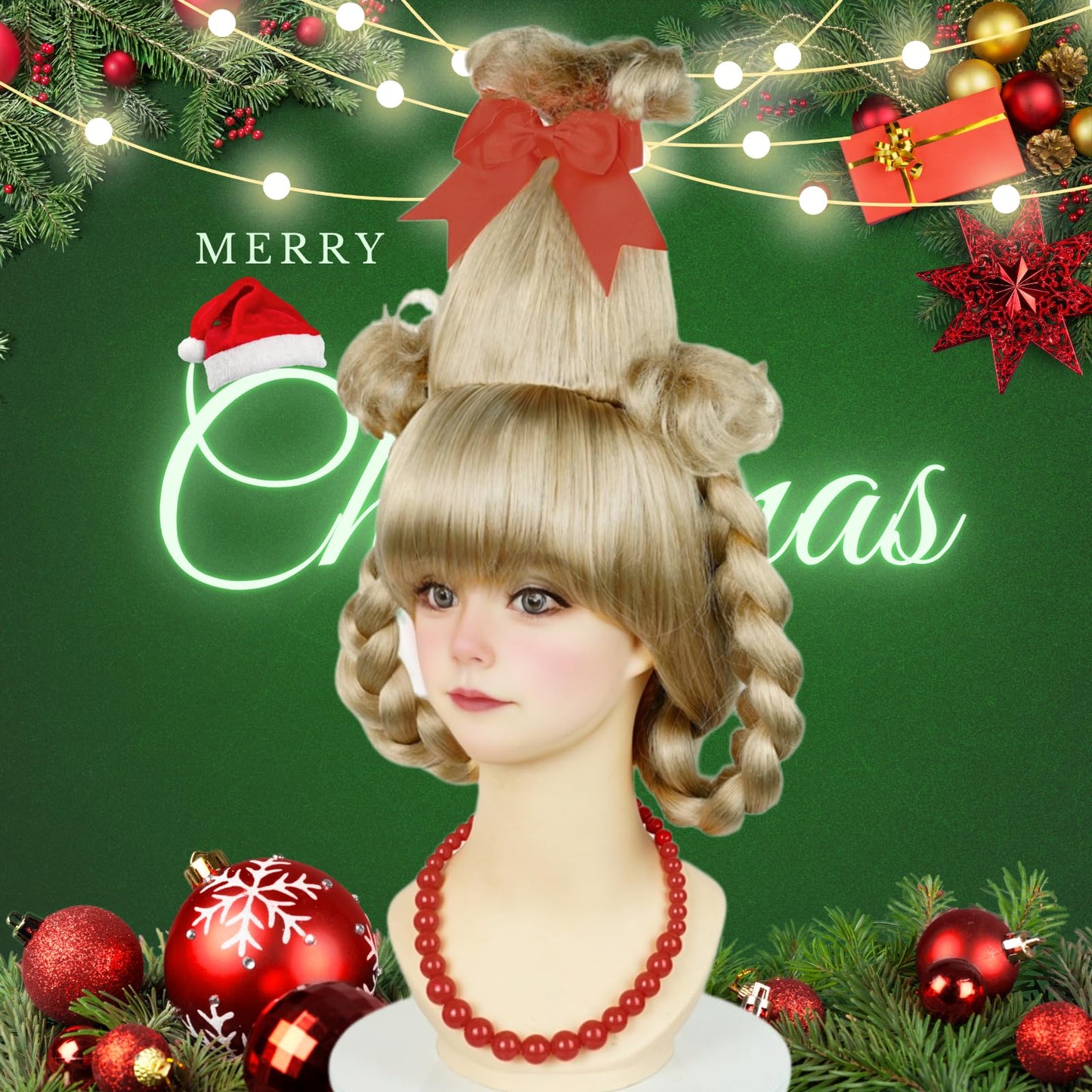 Kids Blonde Braided Wig with Red-bow Earrings, Christmas Cindy Wig with Accessories for Halloween Christmas Costume Party