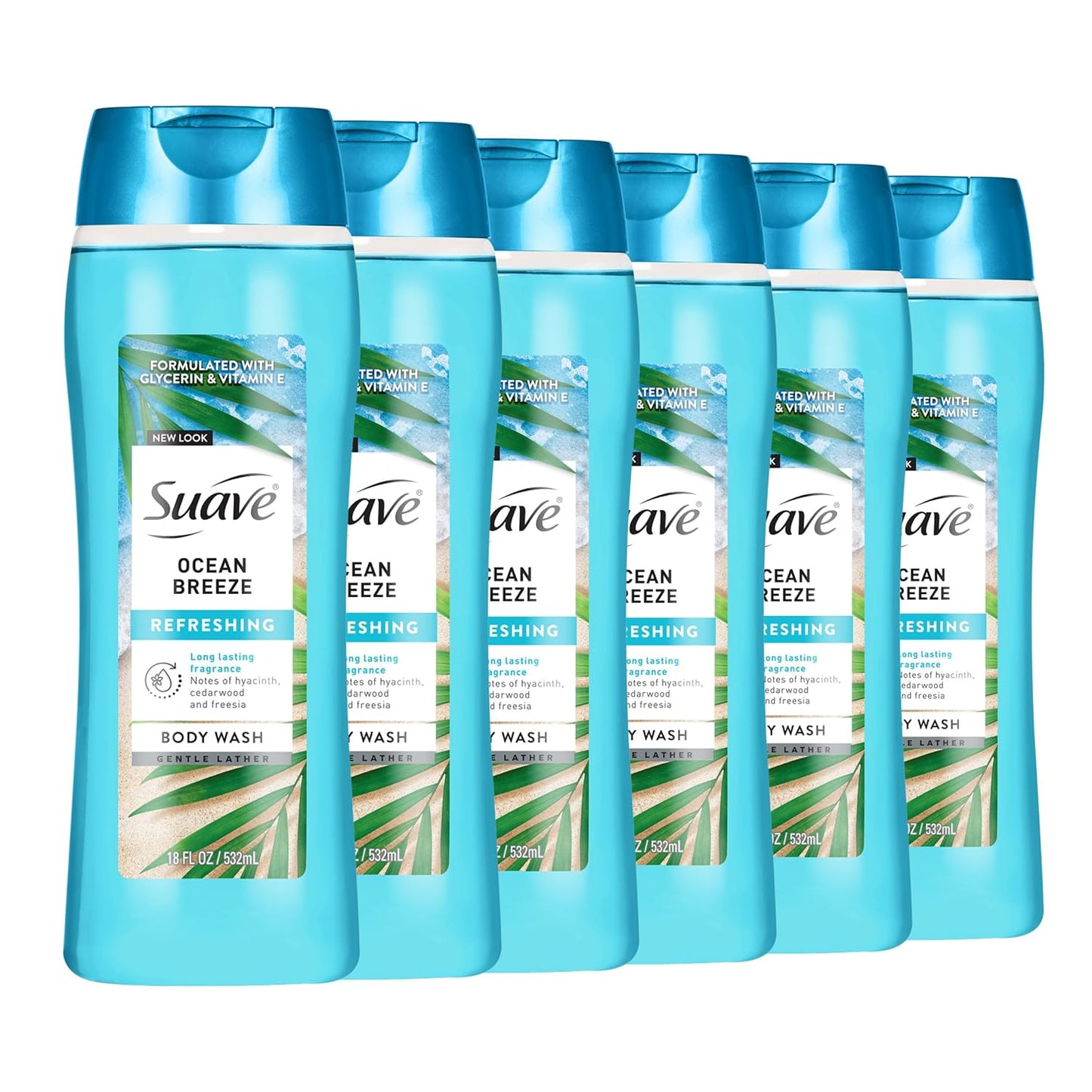 Suave Ocean Breeze Body Wash - Hydrating Formula with Glycerin & Vitamin E | 18 FL OZ, 6 Count