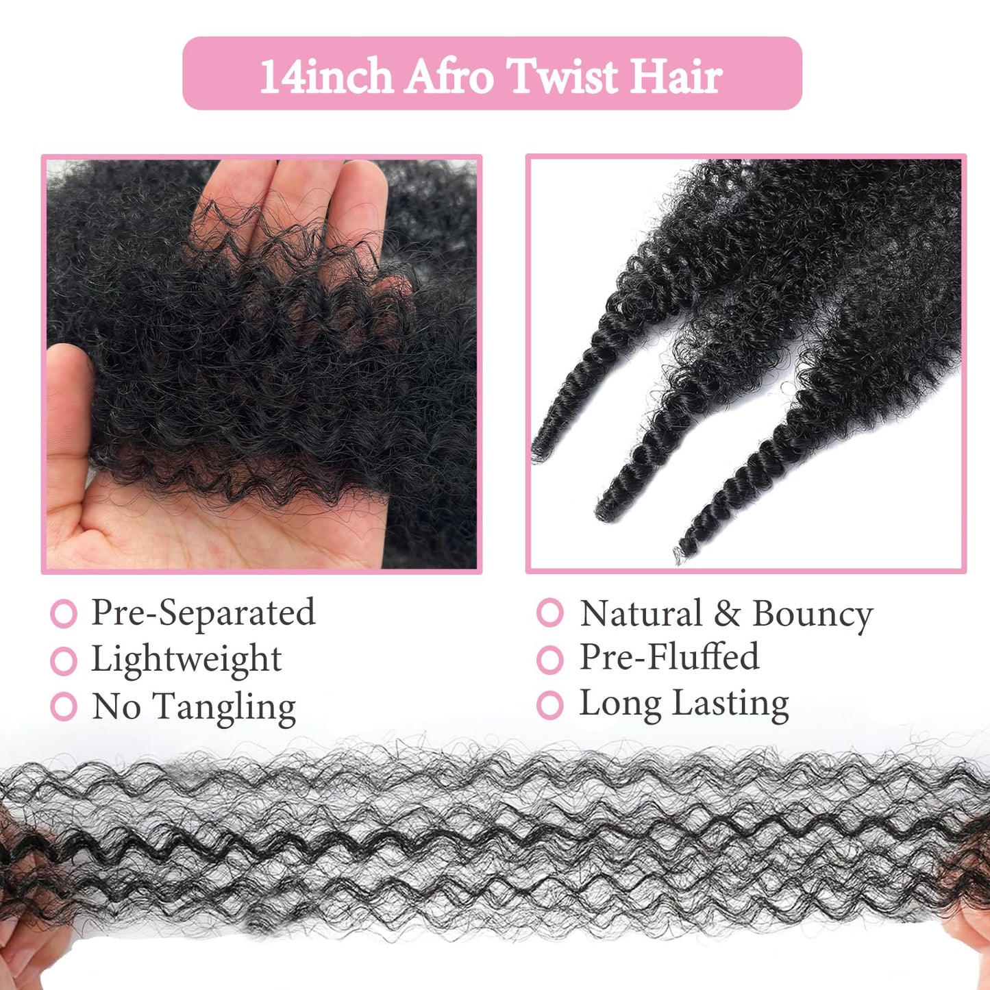 Marley Twist Braiding Hair 14 Inch Pre-Separated Springy Afro Twist Hair 3 Packs Kinky Twist Hair Natural Black Pre Fluffed Afro Twist Hair for Faux Locs for Women (14 inch, 1B)