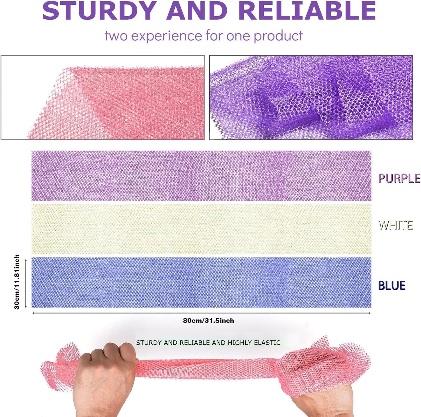 UJFQBH African Bath Sponge Set - Exfoliating Shower Body Scrubber | 3 Pieces in Purple, Blue, Off-White