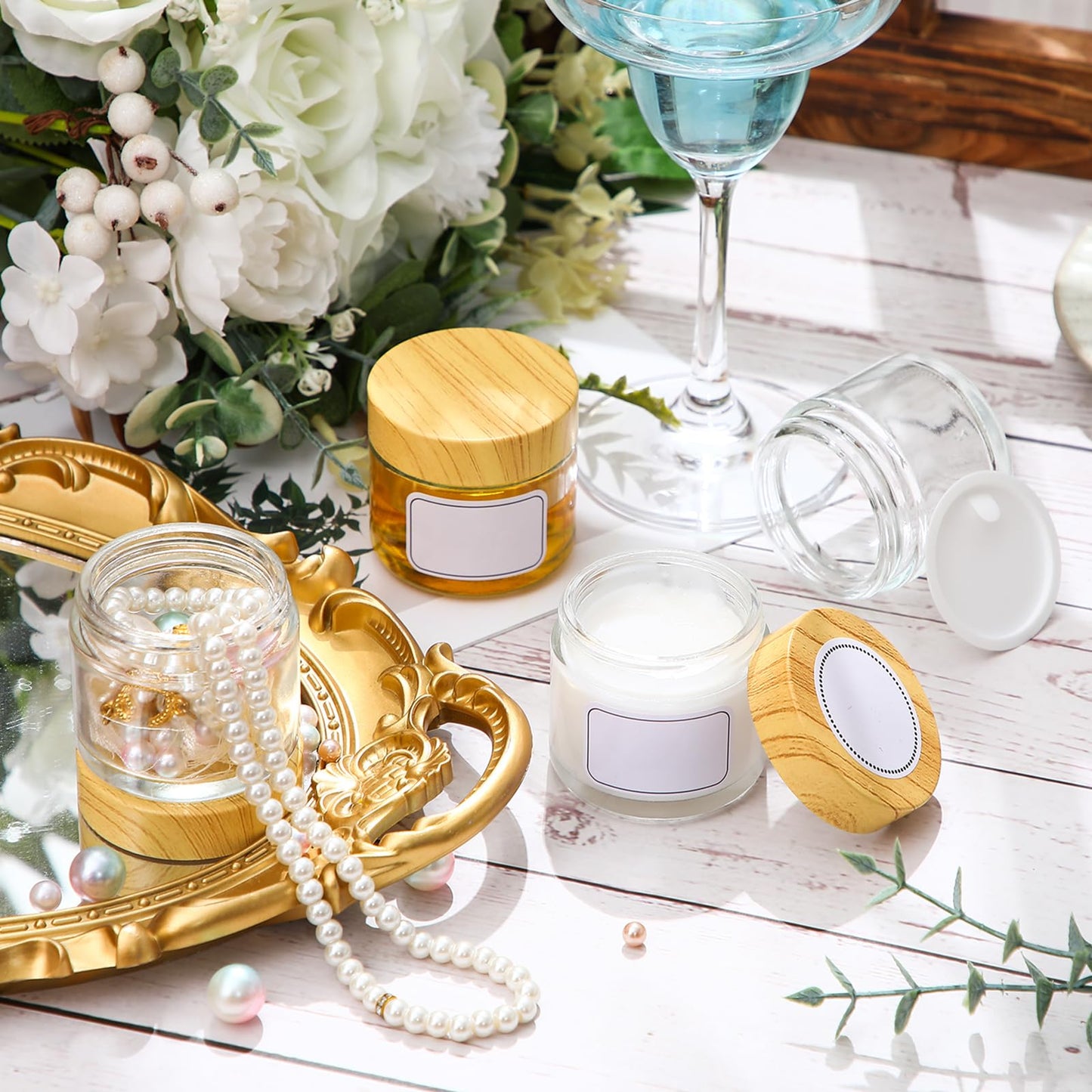 Layhit 12 Pcs Glass Jars with Lids Clear Small Jars with Plastic Woodgrain Lids, White Labels and Inner Liners Empty Round Cosmetic Containers for Creams Lotions Powder Ointments Candle Making (2 oz)