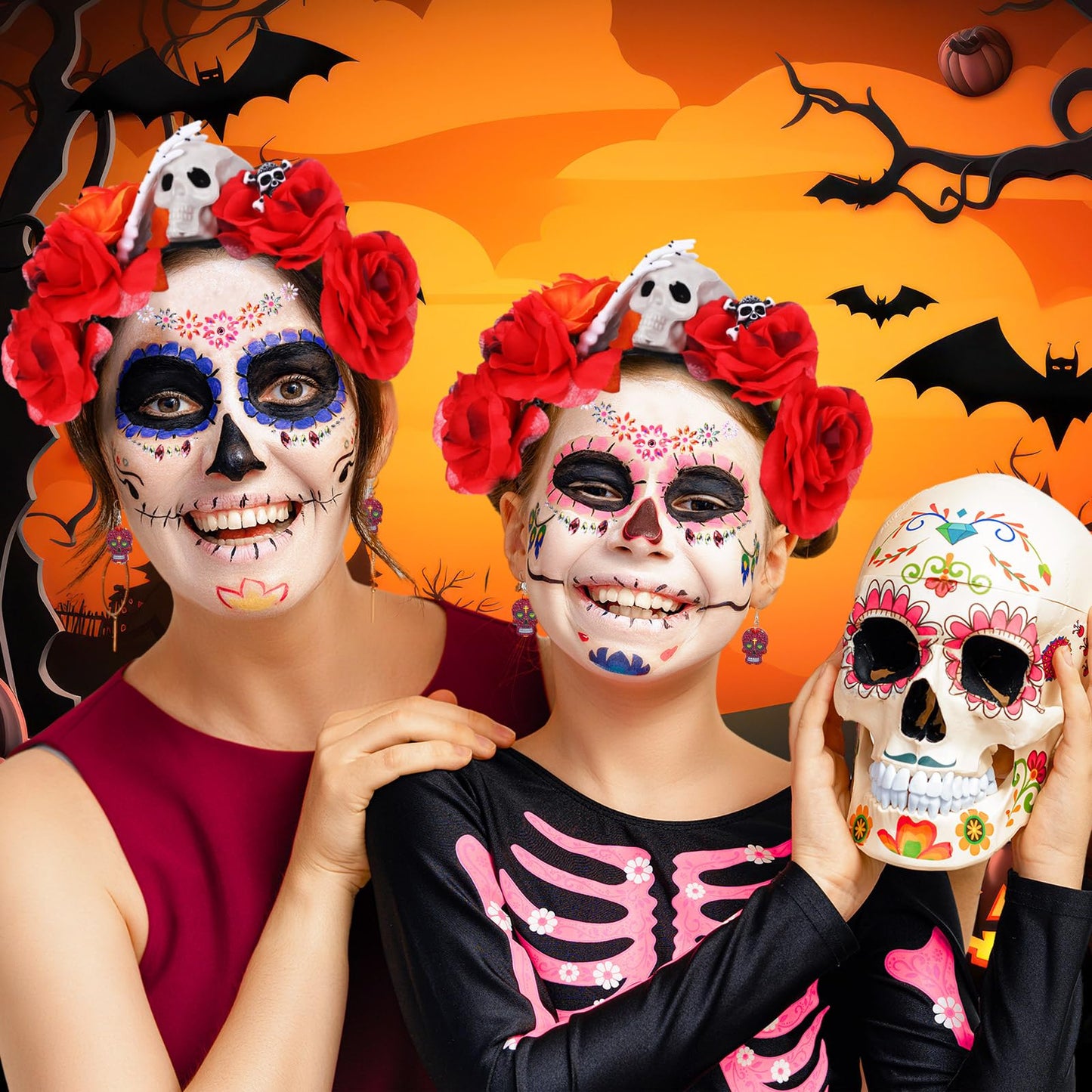 Riceshoot 3 Pcs Day of the Dead Costumes Accessories for Women Halloween Headbands Skull Earrings Gems(Dark Red Hue)