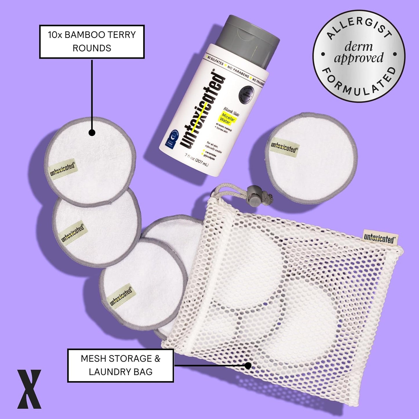 Untoxicated Ultra Soft Cleansing Pads - Double-Layered Reusable Bamboo Terry Rounds for Sensitive Skin - 10CT with Washable Storage Bag