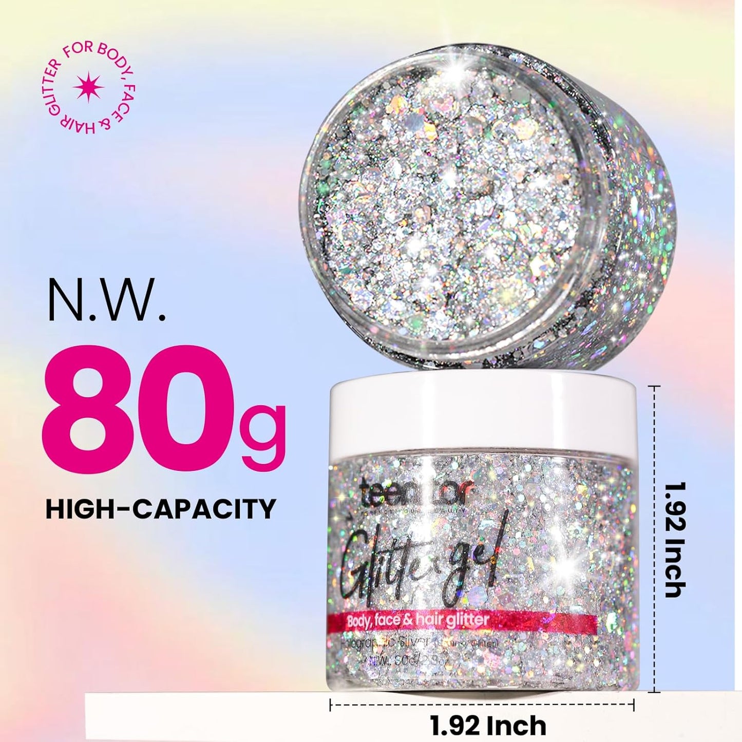 Teenitor Body Glitter Gel - Holographic Chunky Makeup for Face, Hair & Eyes - Silver
