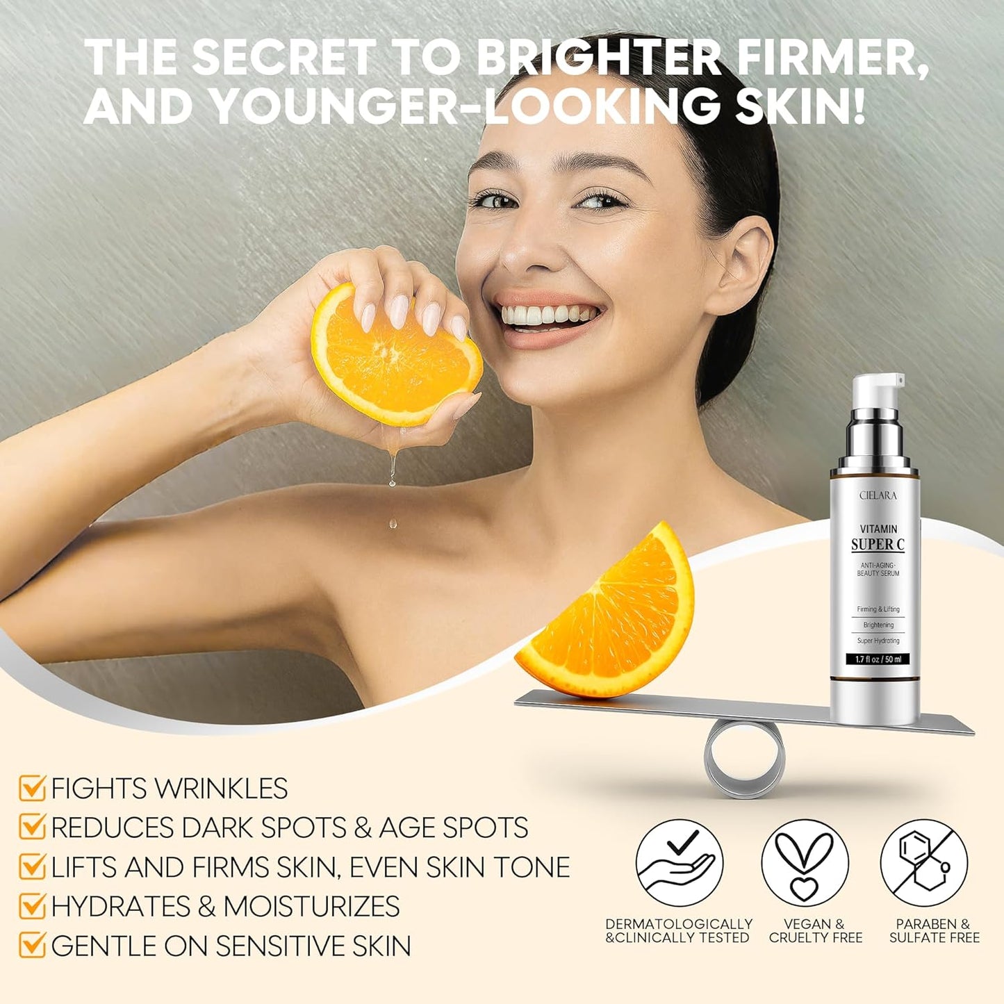 Skiennix Vitamin C Serum - Anti-Aging 20% Super C Formula with Hyaluronic Acid & Peptides | 1.7 Fl Oz