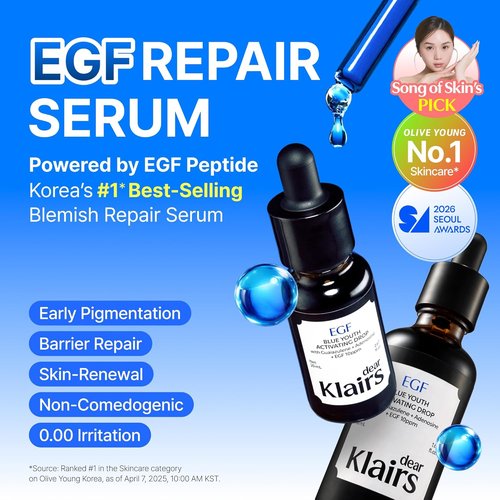 DearKlairs EGF Serum - Blue Youth Activating Drops for Sensitive Skin | Barrier Repair & Post-Blemish Care, 1.69 Fl Oz