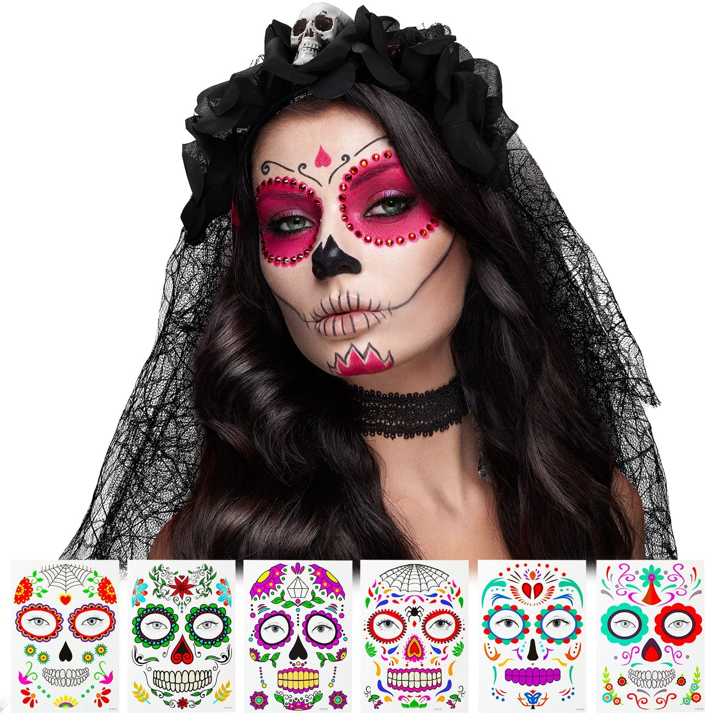 WILLBOND Day of The Dead Headband Halloween Mexican Veil Spider Headband with Halloween Face Tattoo Temporary Face Sticker (Elegant Style)