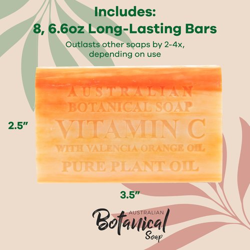 Australian Botanical Soap, 6.6 OZ, Vitamin C and Valencia Orange, Triple Milled Bars made with a Natural Soap Base and Enriched with Organic Shea Butter, Pack of 8