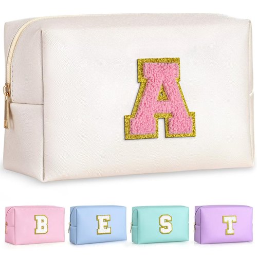 TOPEAST Gifts for Women Teen Girls - Birthday Gifts for 4 5 6 7 8 9 10 11 12 Year Old Girls, Initial Makeup Bag, Cosmetic Bag Travel Toiletry Pouch (White A)