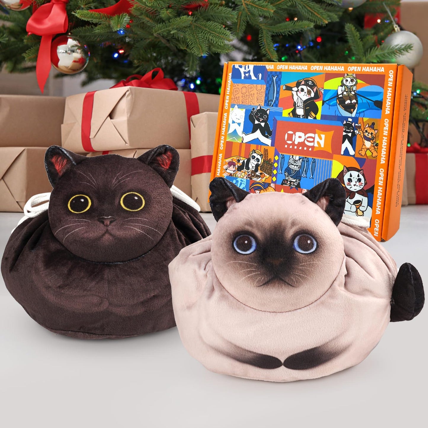 Openhahaha Drawstring Makeup Bag, Cat Makeup Bag, Travel Makeup Organizer, Cosmetic Pouch Bag, Cat Gift for Women, Lay Flat Makeup Bag Gifts for Cat Lovers(2-Pack)