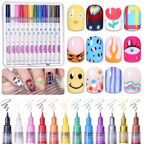 Beetles 12 Colors Nail Art Pens, 0.5mm Fine Line Nail Polish Pens Quick Air Drying Acrylic Paint Markers for Nails Art Design Painting Dotting Liner Brush, DIY Home & Salon Manicure Tools