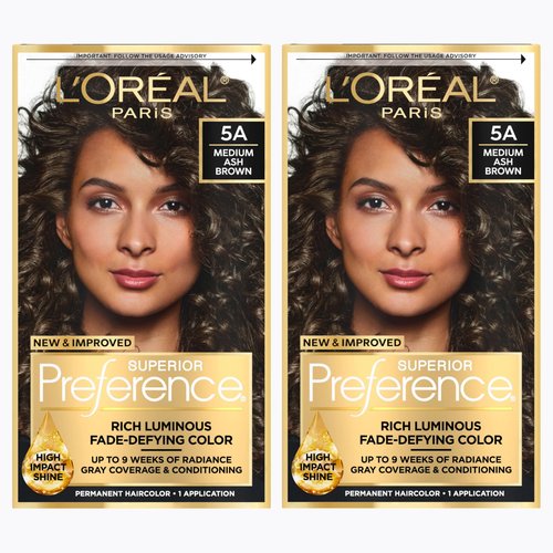 L'Oreal Paris Superior Preference Luminous Fade-Defying Permanent Hair Color, Hair Dye For Up to 9 Weeks of Radiance, Medium Ash Brown 5A, 1 Hair Dye Kit (Pack of 2)