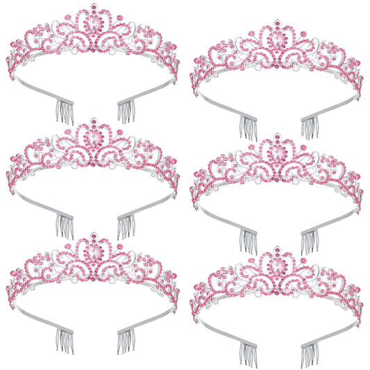 Pink Tiaras Fairy Princess Crowns for Women Girls, 6 Pack Crystal Tiara Queen Wedding Prom Party Dress Up Hair Accessories Headbands for Brides Birthday Decorations Gifts Crown