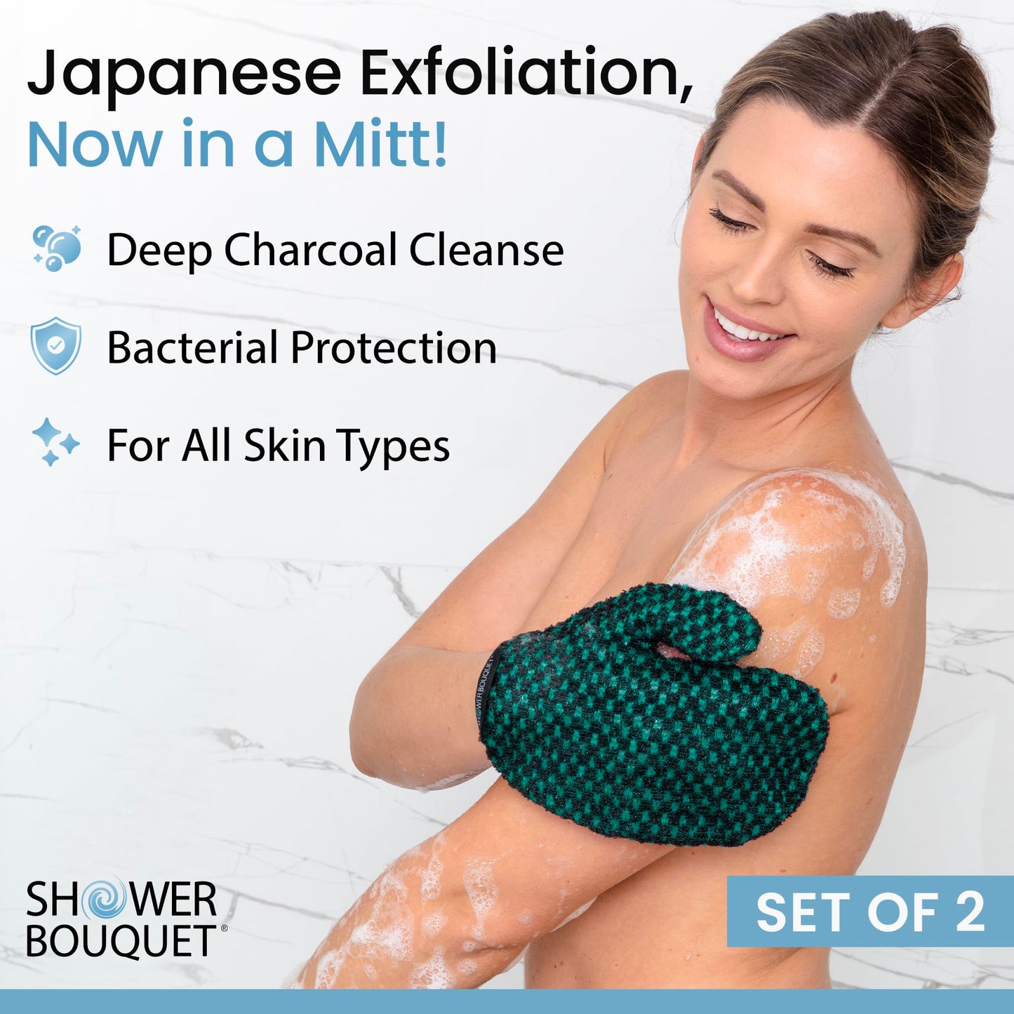 Japanese Exfoliating Mitt 2-Pack - Charcoal & Silver Ion Exfoliating Gloves for Shower - Soft Inner Fabric Gentle Exfoliation & Deep Cleansing Body Scrub Gloves for All Skin Types - 1 White, 1 Green