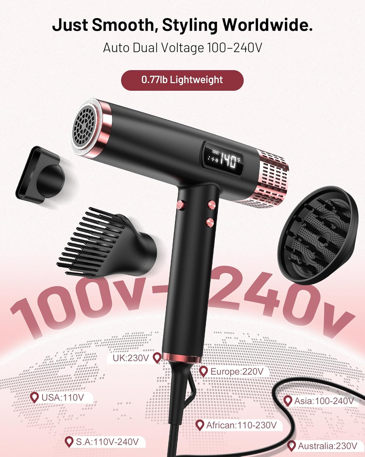 Skiennix Dual Voltage Ionic Hair Dryer - 1875W Fast Drying, Lightweight & Low Noise, Travel Ready