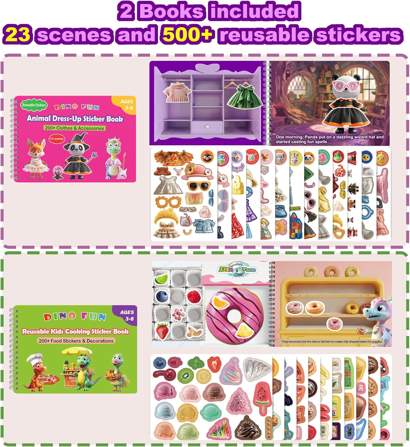 Dino Fun 2-in-1 Reusable Sticker Book for Kids - 500+ Stickers & 23 Scenes of Animal Dress-Up & Cooking