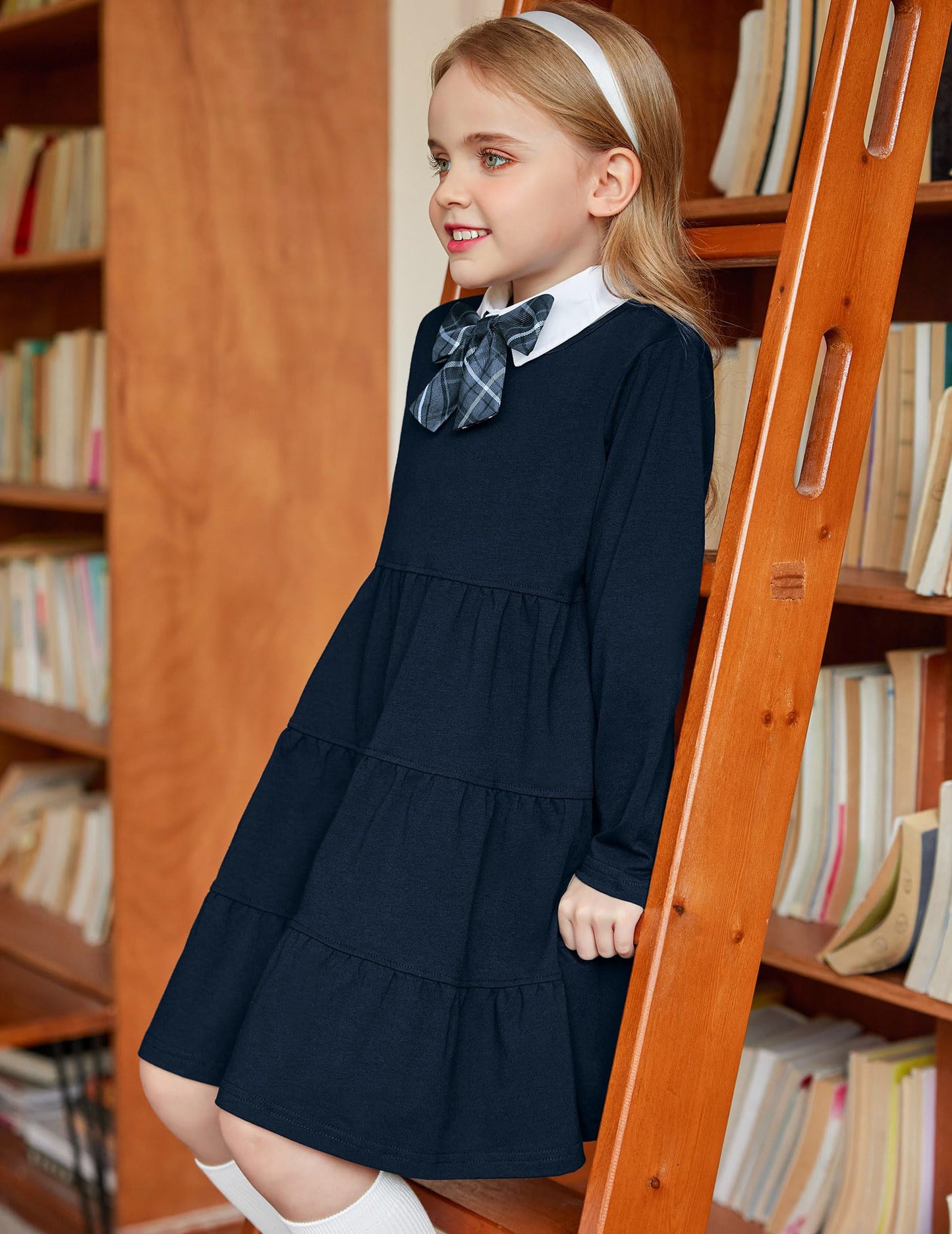 Arshiner Girls' Super Soft Cotton Long Sleeve Tiered Dress, Dark Blue, 120(Age for 5-6Y)