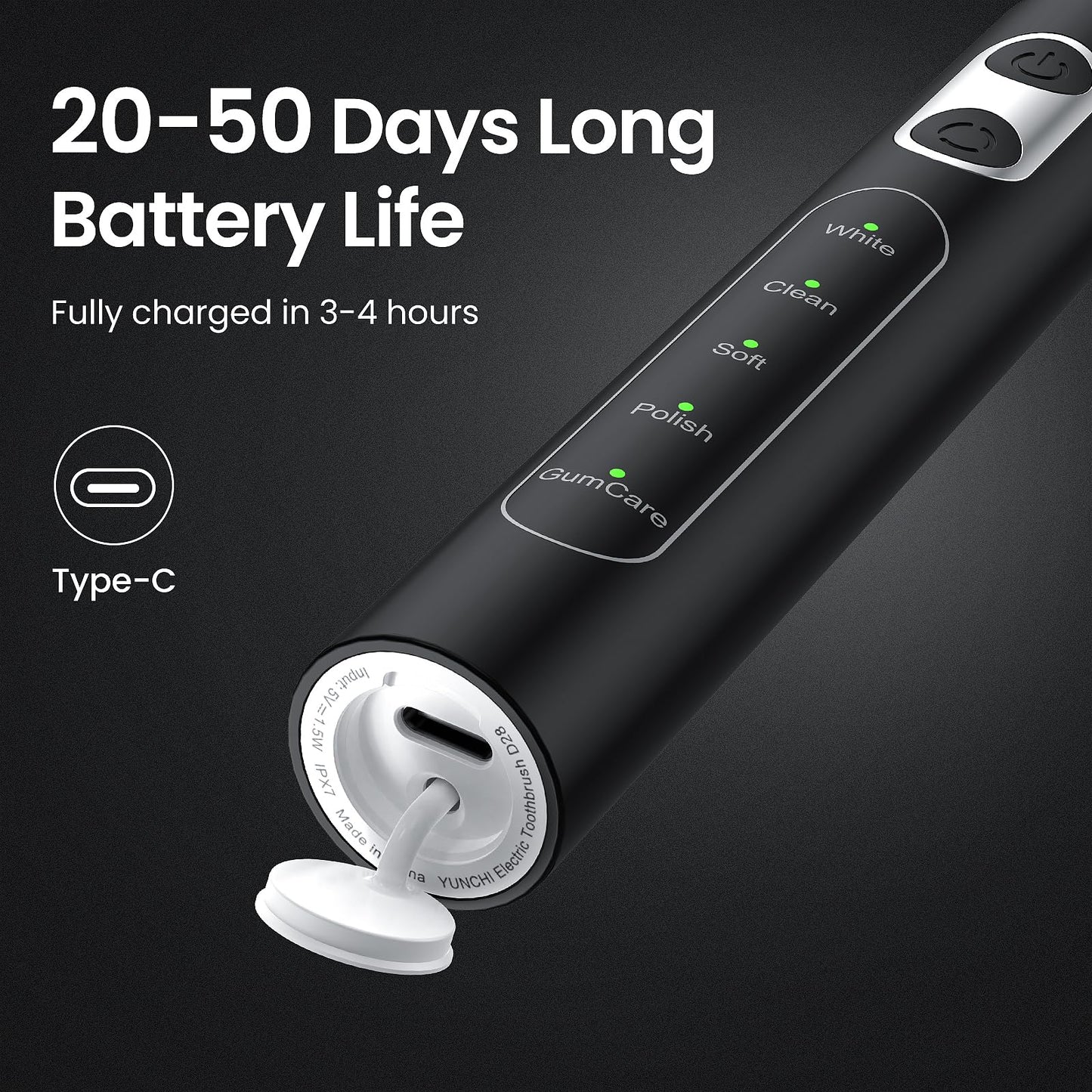 YUNCHI Sonic Electric Toothbrush for Adults, Toothbrush Electric with 8 Brush Heads, Battery Toothbrush for 55 Days, 5 Models & 2 Minutes Smart Timer, Travel Case, 44000 VPM Motor, Black