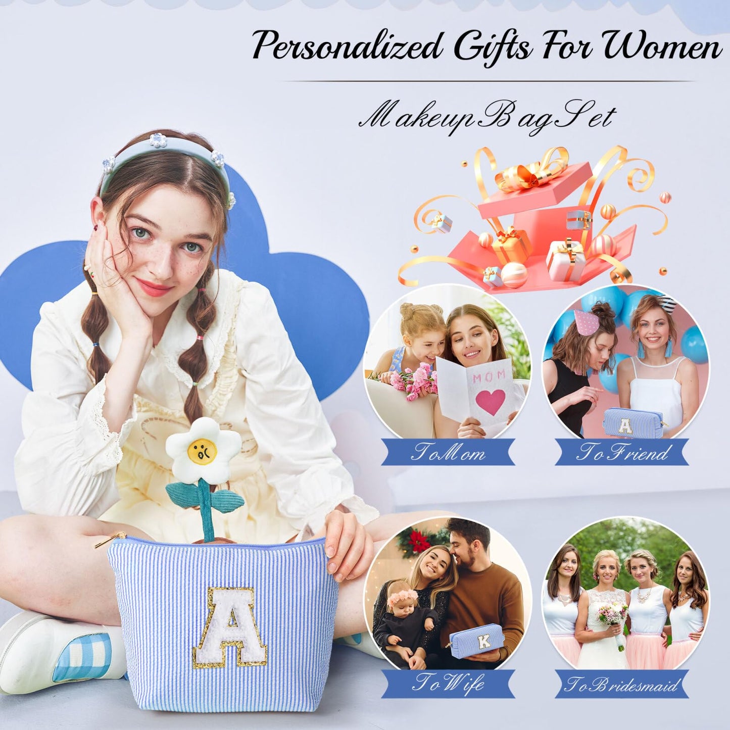 YOOLIFE Teen Girl Gifts Trendy Stuff - Monogram Personalized Makeup Bag | Cosmetic Bag | Travel Toiletry Bag | Gifts for Girls Women Her Mom Bridesmaid Bride Wife Friend Sister Teacher Blue Initial B