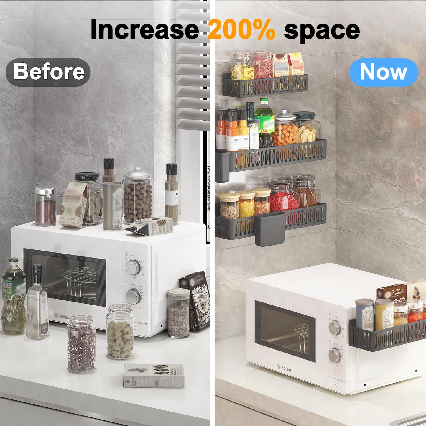 4 Pack Strong Magnetic Spice Rack for Refrigerator, Multipurpose Magnetic Shelf for Fridge with 4 Hooks for kitchen and Bathroom Organization, Black