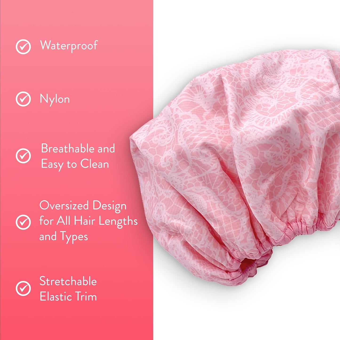 Socialite Reusable Nylon Shower Cap - Oversized Waterproof Design for All Hair Lengths | Pretty in Pink Lace