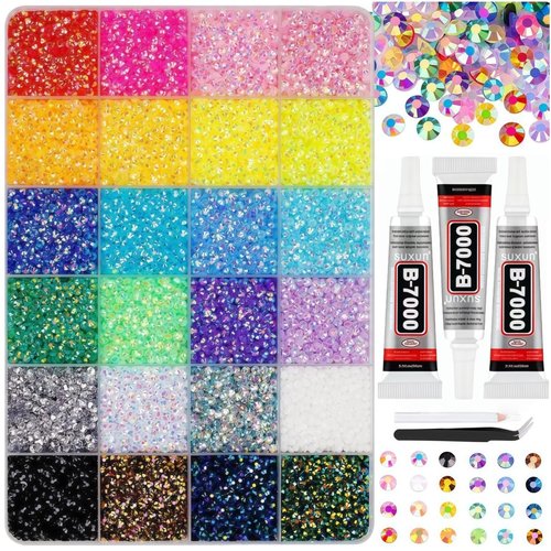 40000 Pcs Jelly Rhinestones for Bedazzling & Nail Art - 3mm Multicolor Flatback Gems, Includes B7000 Glue, Tweezers & Pen - DIY Bedazzler Kit for Diamond Art, Jewelry Making, Crafts (24000 pcs)