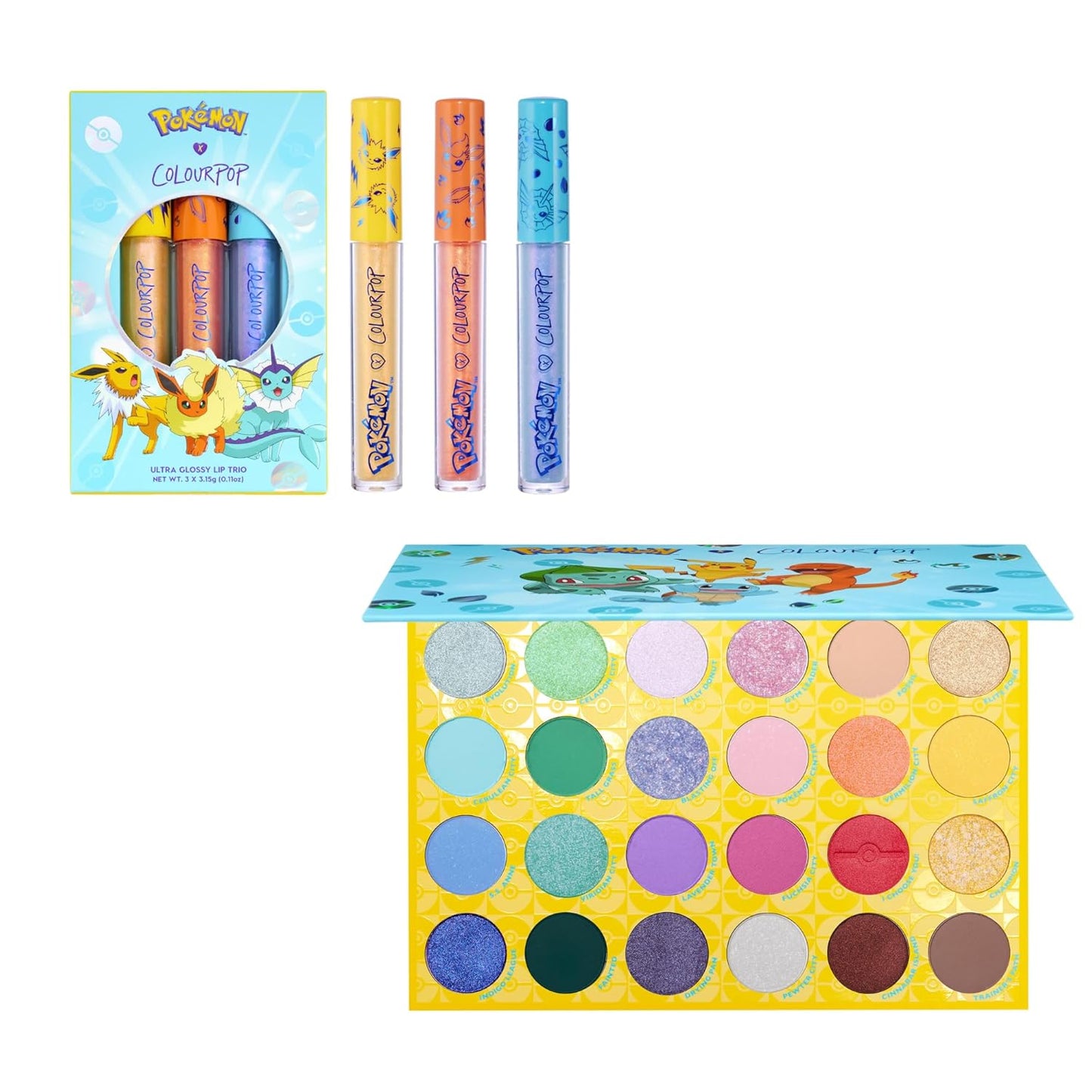 ColourPop Pokémon Palett Town Eyeshadow Palette | Evolution Ultra Glossy Lip Trio Set