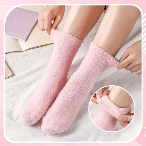 Geyoga 5 Pairs Fuzzy Socks for Women Valentines Day Cozy Gift Soft Spa Slipper Sock Coquette Stuff Fluffy Thick Home Sleeping(Pink,Bow)