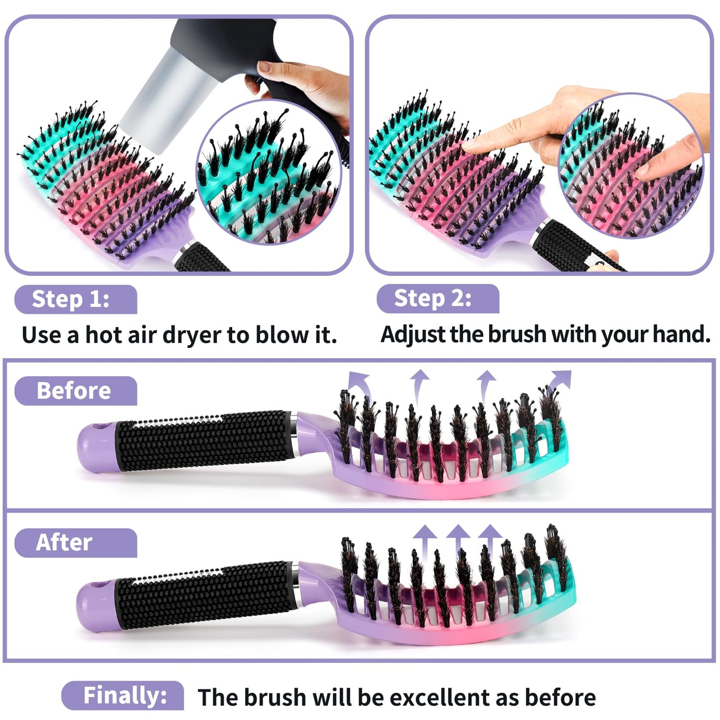 Hair Brushes for Women 2 Pack, HIPPIH Detangler Hair brush for Adult & Kids’ Wet or Dry Hair, Boar Bristle Hair Brush Getting Knots Out without Pain Adds Shine and Makes Hair Smooth