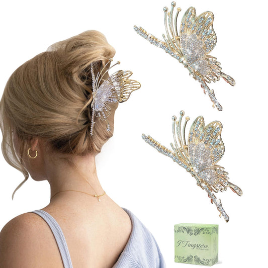 Butterfly Hair Claw Clips for Women, 2Pcs Rhinestone Large Non-Slip Strong Metal Clips for Thick Hair Styling, Hold, and Fashion Hair Accessories