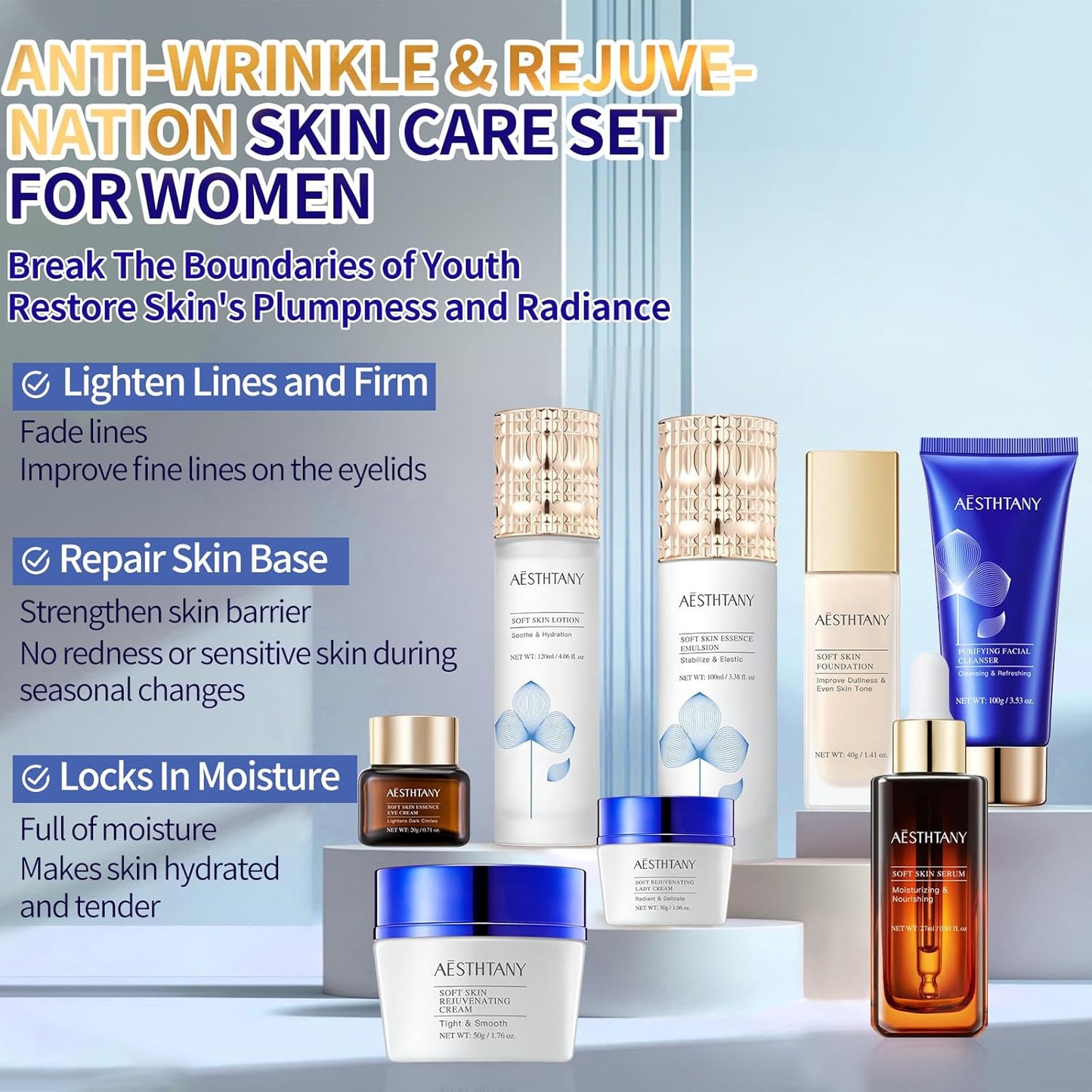 Skiennix Anti-Aging Skin Care Kit - 8-In-1 Rejuvenating Daily Routine for Women