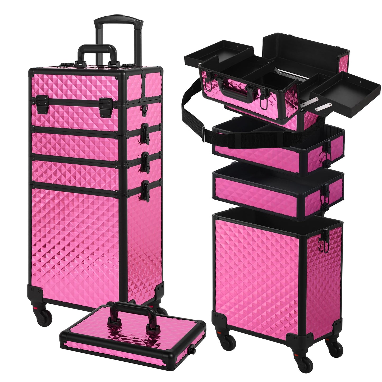 Somduy Rolling Makeup Case, Makeup Train Case with Lid, 5 in 1 Cosmetology Case on Wheels, Christmas Gift, Large Makeup Case Organizers, Profesional Cosmetic Case for Salon Barber, Rose Red