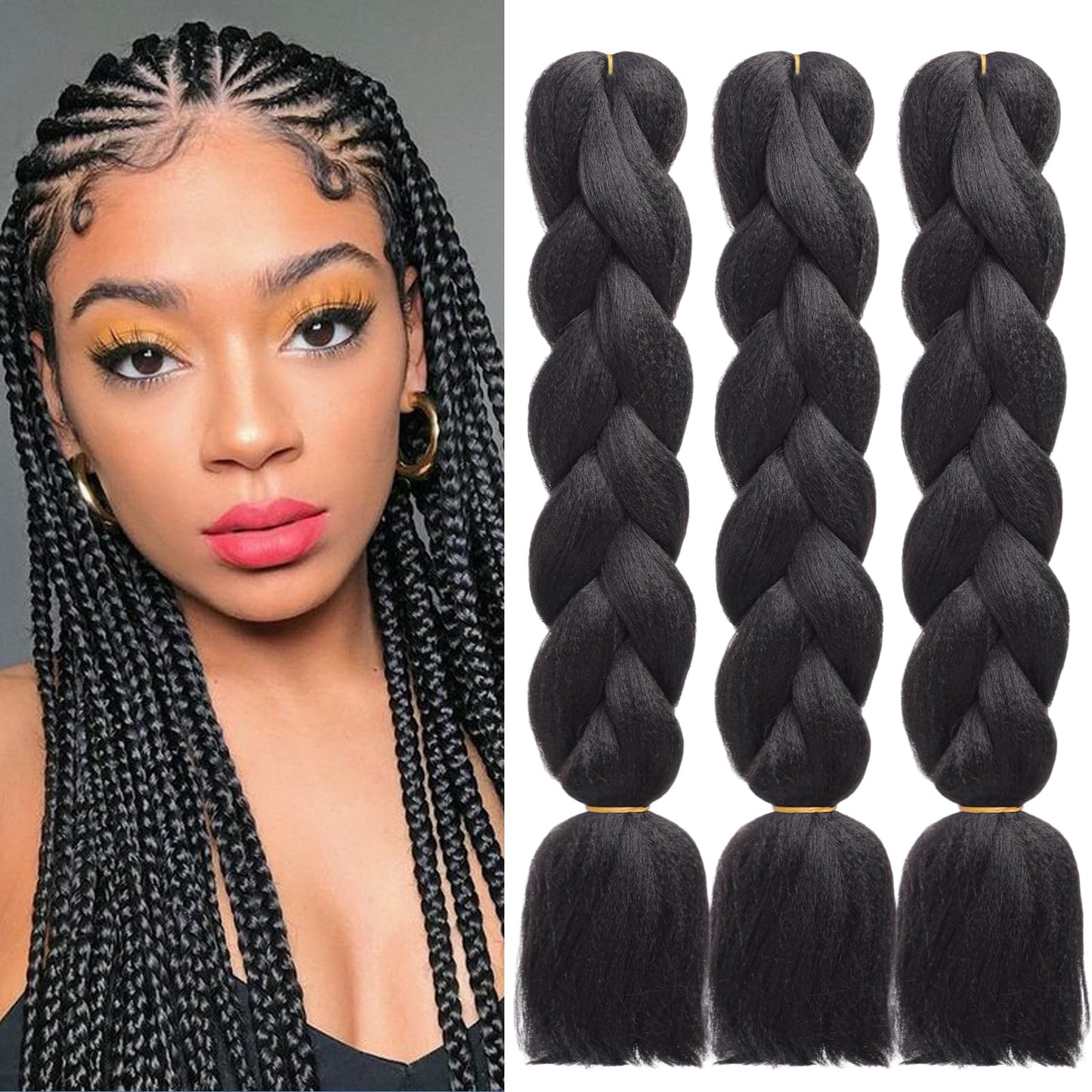 HAIRCUBE Black Braiding Hair 24 Inch 3 Packs Pre Stretched Box Braids Colorful Twist Braiding Hair Extensions Synthetic Crochet Braiding (Black)