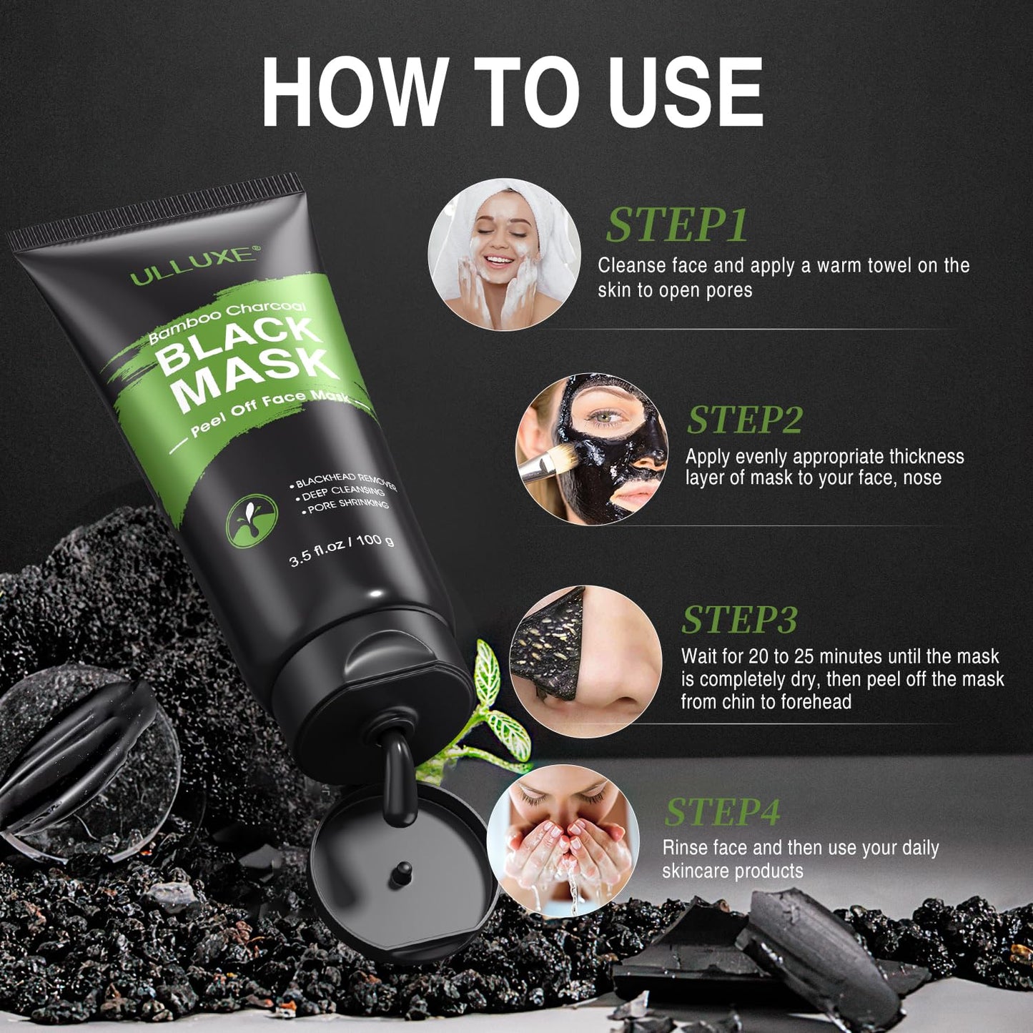 Ulluxe Blackhead Remover Mask Kit - Charcoal Peel Off Face Mask for Deep Cleansing Pores | 3.5 Fl. Oz