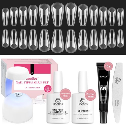 Beetles Gel Nail Kit Medium Coffin with Nail Dehydrator and Primer, 576Pcs Half Matte Etch-X Gel Tips Solid Glue Mini Lamp Acrylic False Tips Easy DIY Extension Set Gift for Women