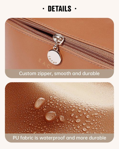 EACHY Travel Makeup Bag, Large Capacity Cosmetic Bags for Women, Waterproof Portable Open Flat Toiletry Bag Make up Bag with Divider and Handle, Gifts for Women (Brown, Large)