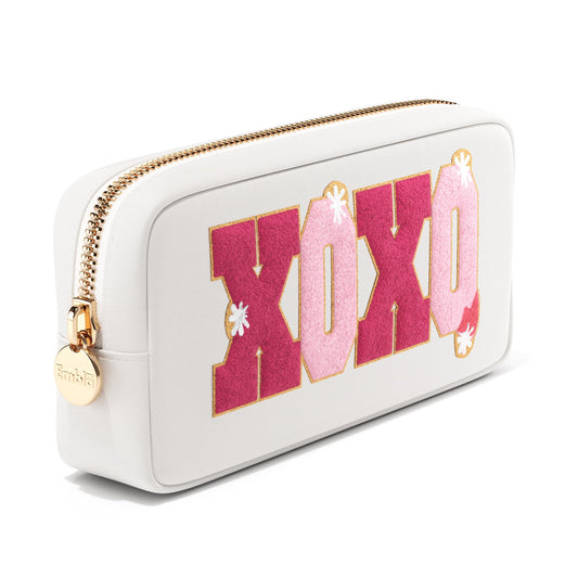 XOXO Valentine Makeup Bag Travel Cosmetics Pouch and Toiletry Bag, Nylon Zipper Pouch Purse, Cute Make Up Organizer Storage Tote for Women Girls, Waterproof Travel Skincare Case, Small Makeup Bags, White