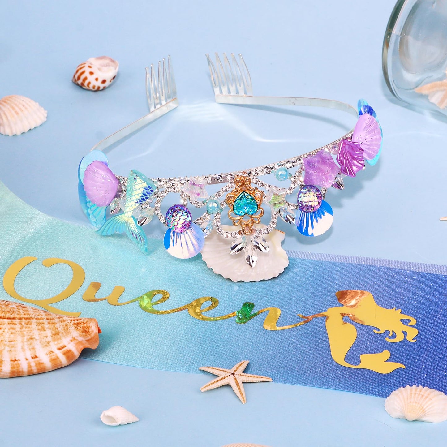 YARIEW Mermaid Birthday Crown and Birthday Queen Sash Mermaid Birthday Decorations Mermaid Party Decorations for Girls Birthday Sash for Women Mermaid Birthday Party Decoration