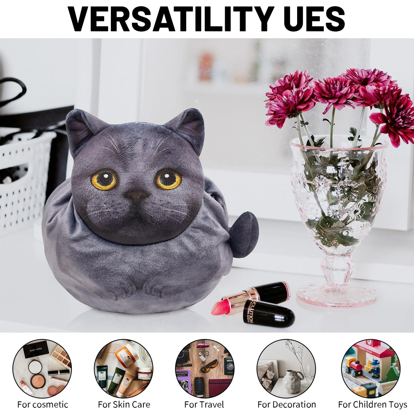 Openhahaha Drawstring Makeup Bag, Cat Makeup Bag, Travel Makeup Organizer, Cosmetic Pouch Bag, Cat Gift for Women, Lay Flat Makeup Bag Gifts for Cat Lovers(2-Pack)