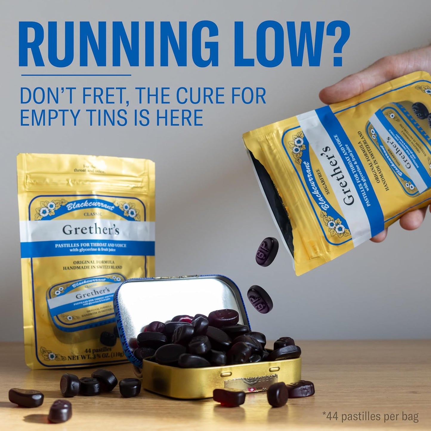 GRETHER'S Blackcurrant Pastilles - Sugar-Free Swiss Throat Lozenges for Dry Mouth Relief | 3.7 oz Gift for Singers