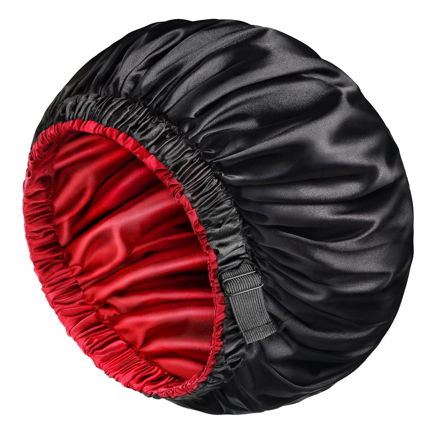 mikimini Satin Bonnet for Men and Women, Reversible Double Layer Sleeping Bonnet for Hair Braids with Anti-slip Adjustable Elastic Band Super Soft (XL, Black/Red)