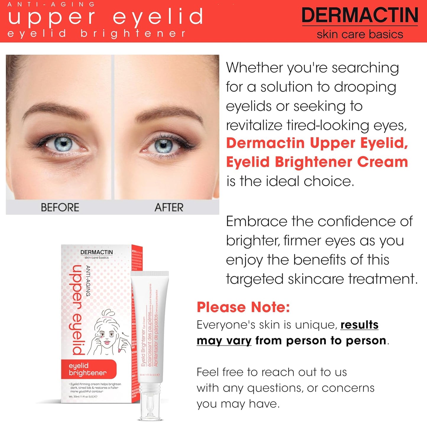 Dermactin Upper Eyelid Cream - Firm & Tone Sagging Skin for Youthful Appearance | 1 oz, Sensitive Skin