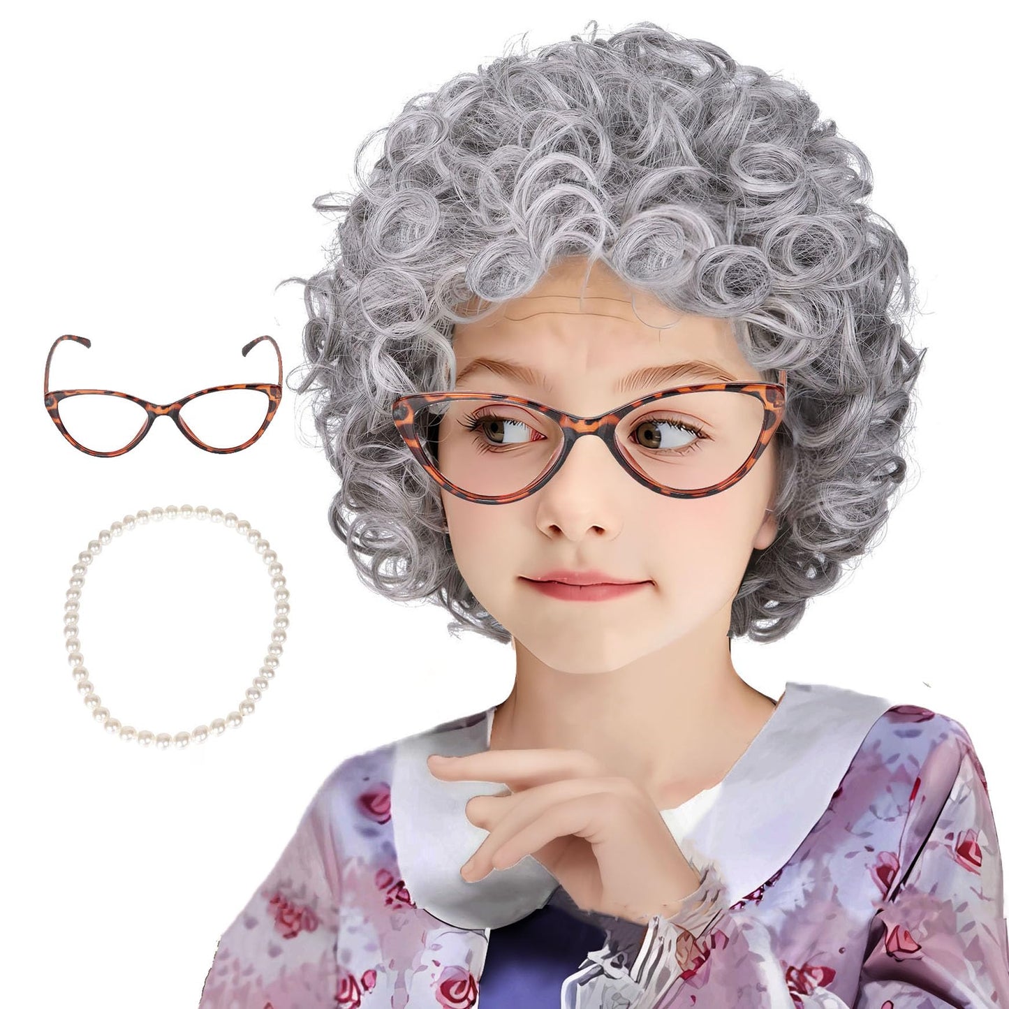 Gray Curly Wig with Granny Glasses and Pearl Necklace Old Lady Costume for Halloween Party for Girl Kid