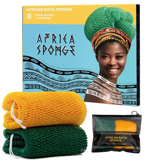 African Net Loofah Sponge - 2 Pieces Black Owned Authentic Body Sponges - Exfoliating Wash Cloths for Showering Yellow & Forest - Back Scrubber Exfoliator Shower Sponge for Body Bath Accessories