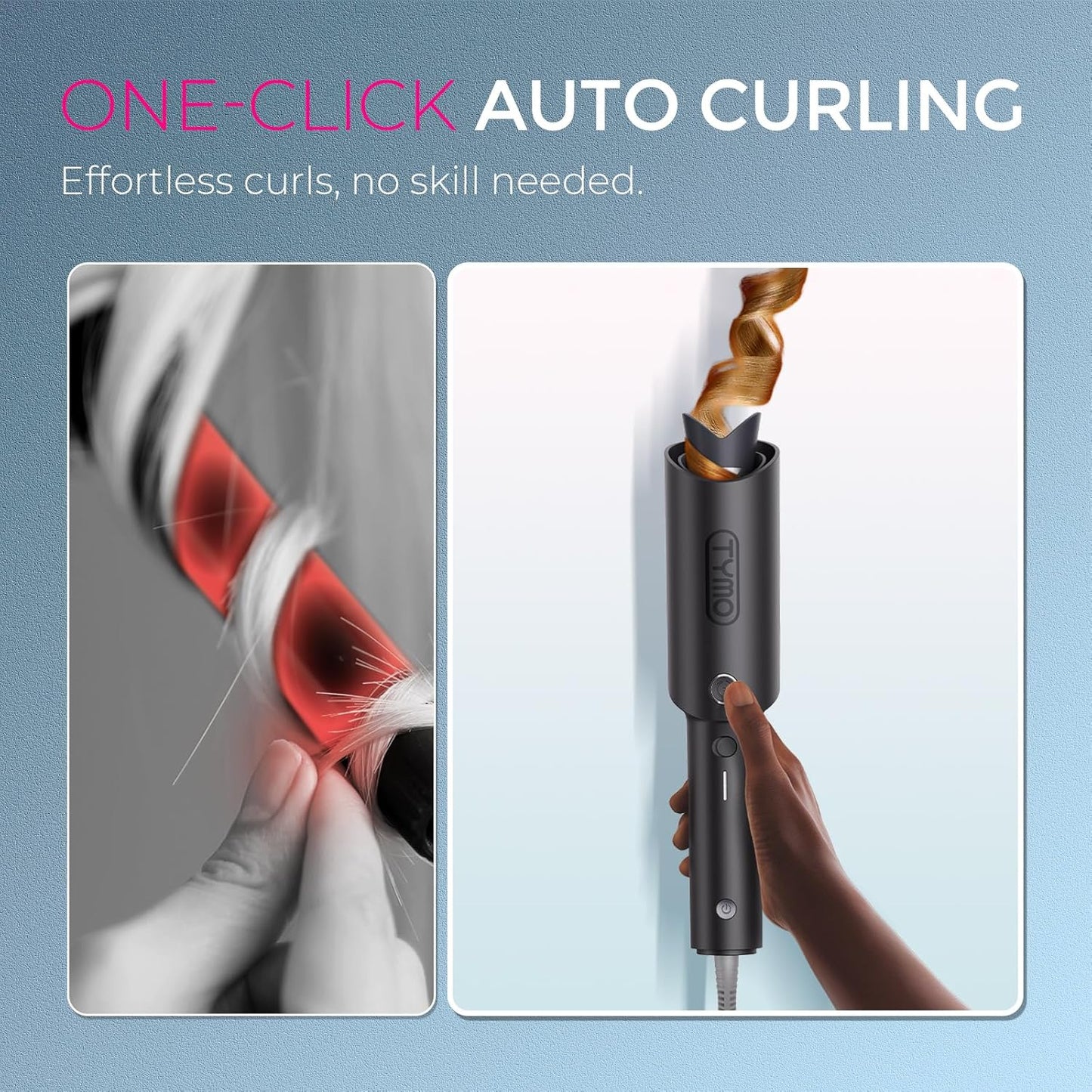 TYMO CURLPRO Automatic Rotating Curling Iron - Portable Beach Waves Wand | Dual Voltage, 1 1/4 Inch, Metallic Gray